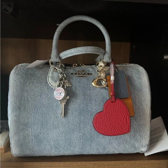 Coach Light Blue Denim Satchel with Red Heart Charm