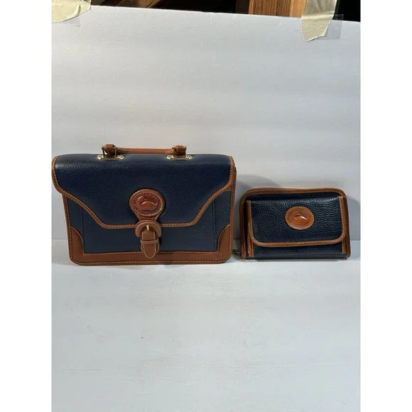 Dooney & Bourke AWL Navy Tan Leather Satchel Briefcase Crossbody + Wallet USA