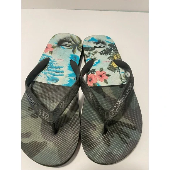Billabong Mens Flip Flops Camo Tropical Floral Print Black Green Sandals APX:12*