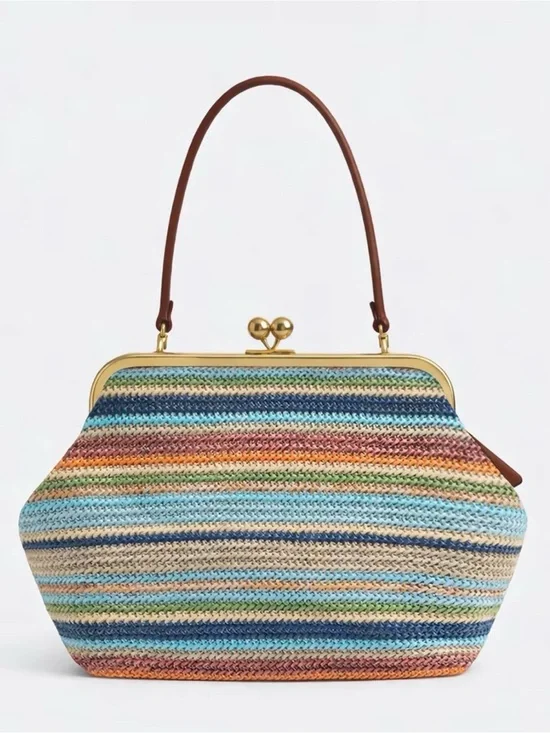 Multi-Stripe Straw Frame Kiss Lock Top-Handle Bag