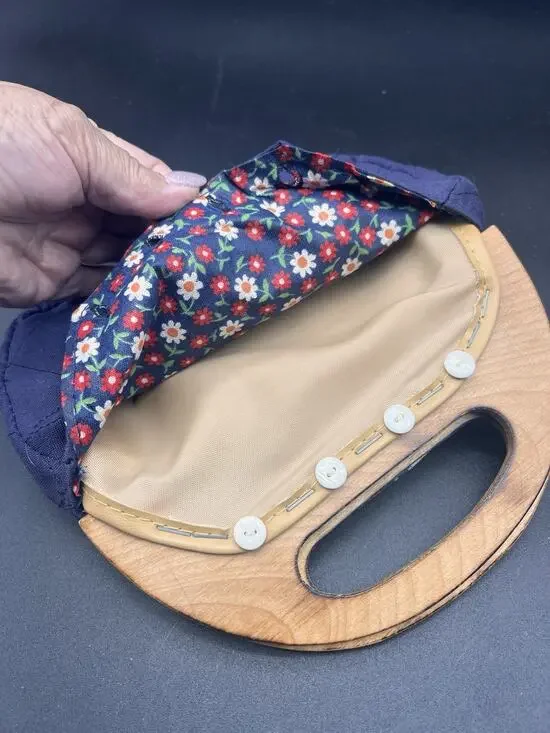 Vintage Bermuda Wooden Handle Bag Purse Blue Reversible Cover Handbag Pocketbook