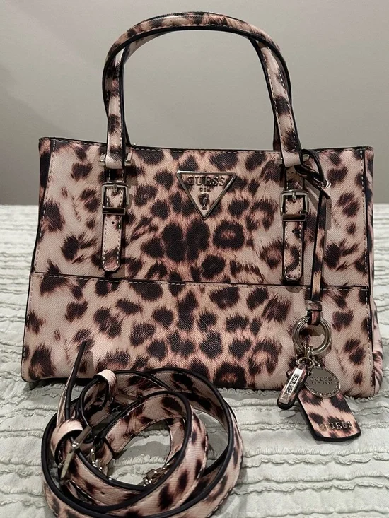 GUESS Pink and Brown Leopard Print Satchel
