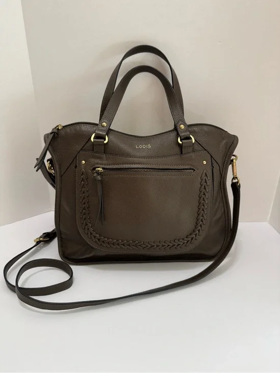 Lodis Margo Brown Olive Leather Satchel Crossbody Braided Top Handle