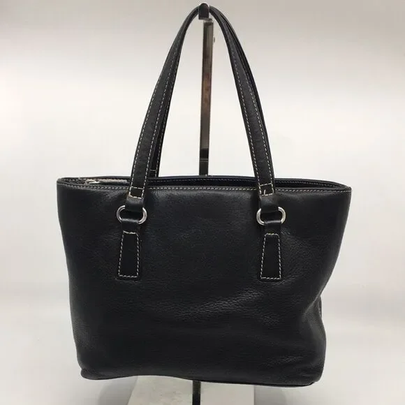 Vintage Fossil Black Leather Compact Satchel Bag with contrast cream stitching