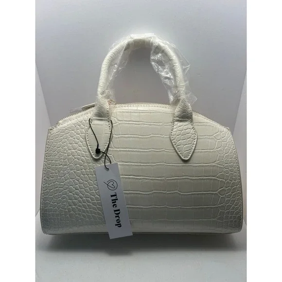 The Drop White Croc Embossed Faux Leather Satchel Handbag Gold Hardware NEW