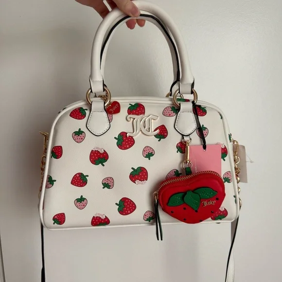 Juicy Couture White Strawberry Print Handbag bowler bag Y2K bag