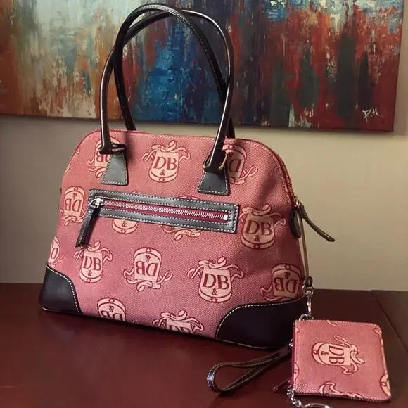 Vintage Dooney & Bourke Logo Canvas Red Domed Satchel Purse and Wristlet Set