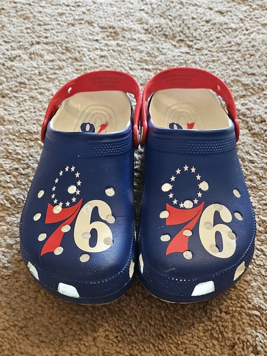 CROCS Navy Blue and Red Slip-On Clogs with Number Graphic