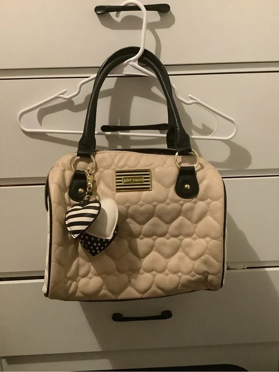 Betsey Johnson Beige Quilted Heart Satchel with Black Trim