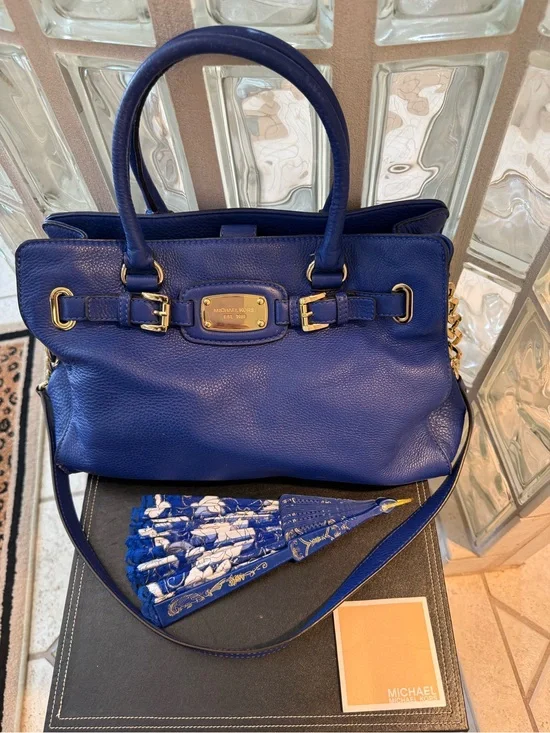 Michael Kors Cobalt Blue Large Hamilton Satchel, Crossbody Strap Gold Hardware.