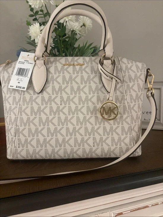 Michael Kors Iconic MK Logo Satchel in Vanilla/Blush