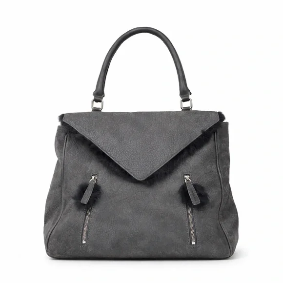 Romy Gold Gray Pebbled Leather Satchel Bag with Fur Trim