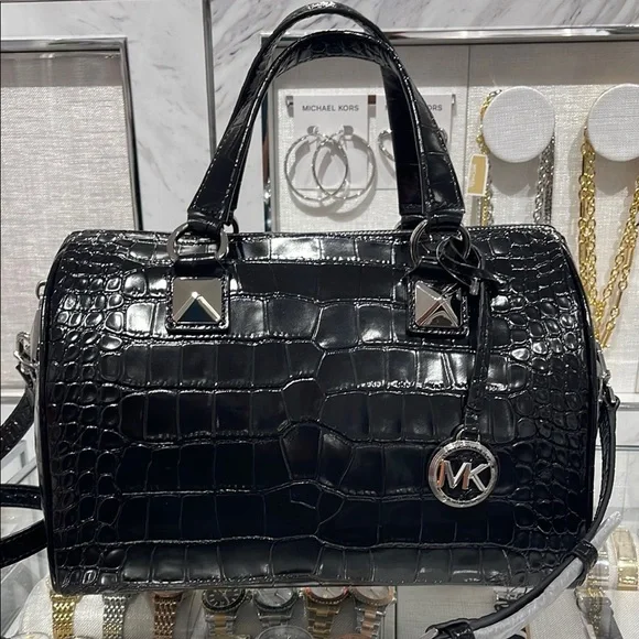 Michael Kors Grayson Medium Crocodile Embossed Leather Satchel Black  NWT