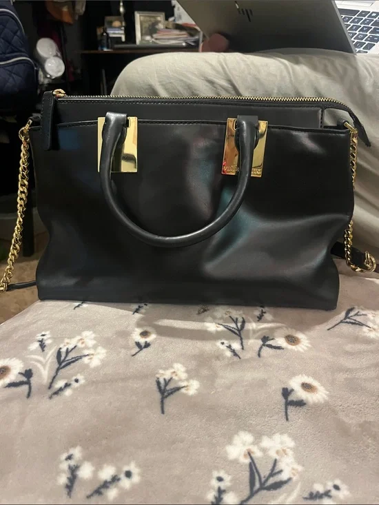 Vince Camuto Black Leather Tote with Gold Hardware for crossbody