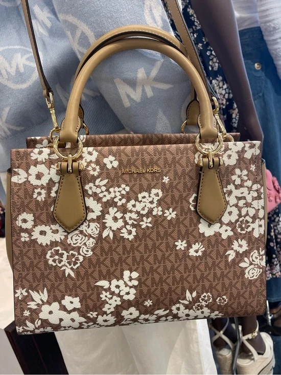 MICHAEL KORS Marilyn Medium Printed Signature Logo Satchel Crossbody  CAMEL NWT