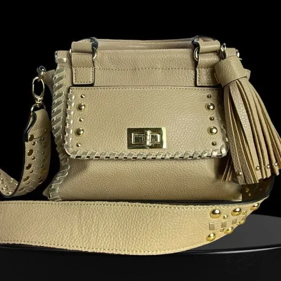 Steve Madden Blennon Cream Peebled Leather Studded Whipstitch Satchel Handbag