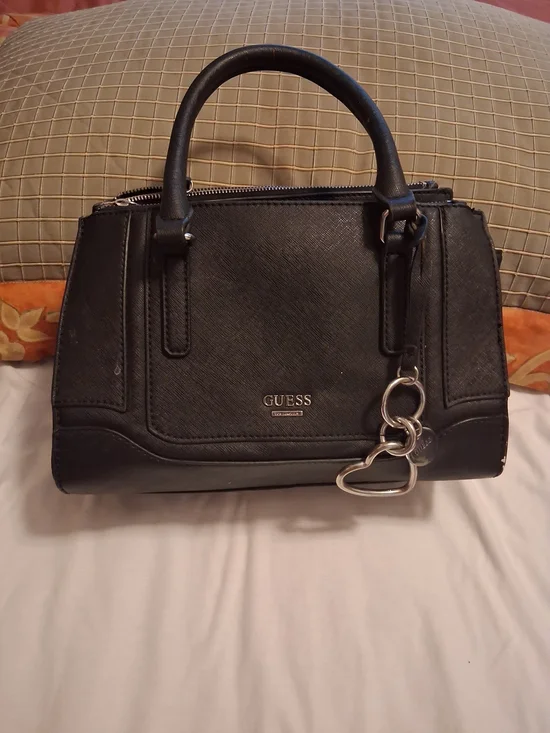 GUESS Black Satchel Handbag with Heart Charm
