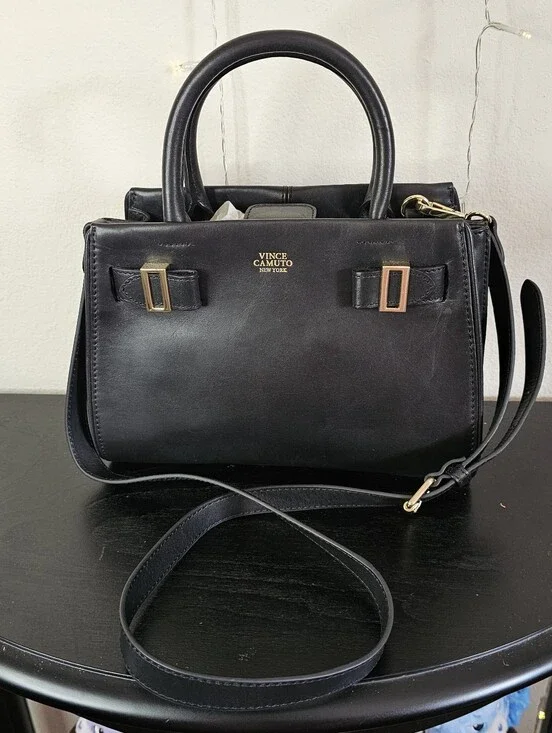 Vince Camuto Eli Satchel Black Leather Top Handle HandBag Purse