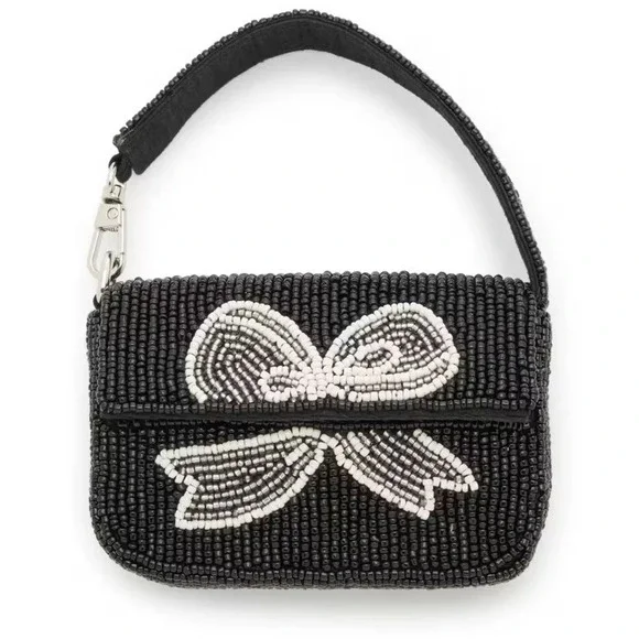 Kelly & Katie Women Beaded Mini Bag Bow Design Boho Crescent Satchel Black Small