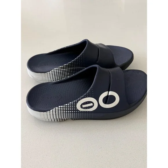 Oofos OOahh Sport Flex Recovery Slide Sandals Navy Blue White Mens 8 Womens 10