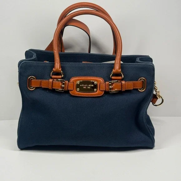 Michael Kors Hamilton Satchel Blue Canvas Medium Magnetic Snap Shoulder Bag