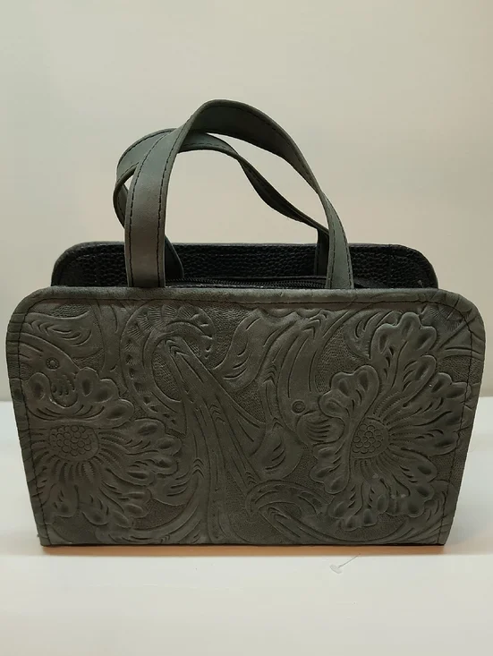 Embossed Floral Grey Leather Satchel
