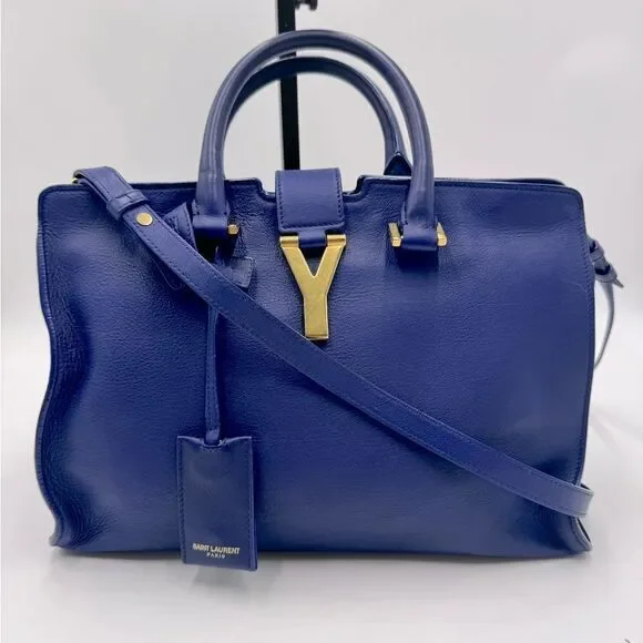 Auth Saint Laurent Small Classic Ligne Y Blue Leather Paris Chyc Cabas Tote 2way