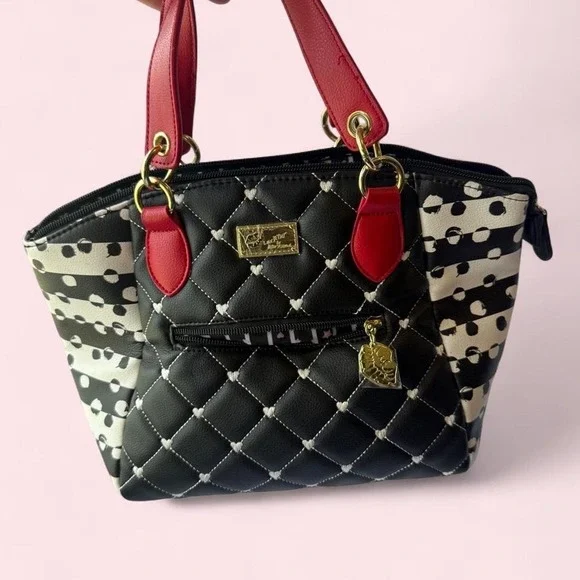 Luv Betsey Johnson Quilted Heart Satchel Bag Black White Red Polka Dot Striped