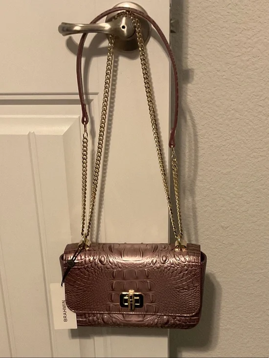 Brahmin Mauve Croc-Embossed Leather Crossbody with Gold Chain