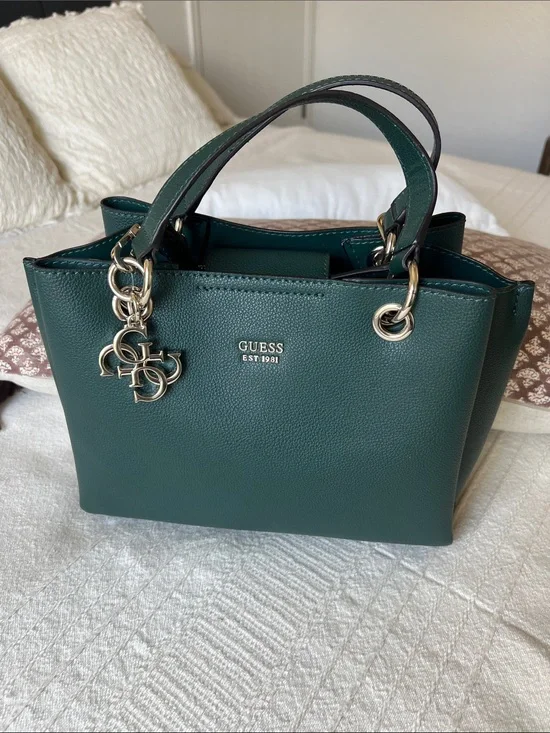 GUESS Emerald Green Faux Pebbled Leather Satchel with Silver Hardware
