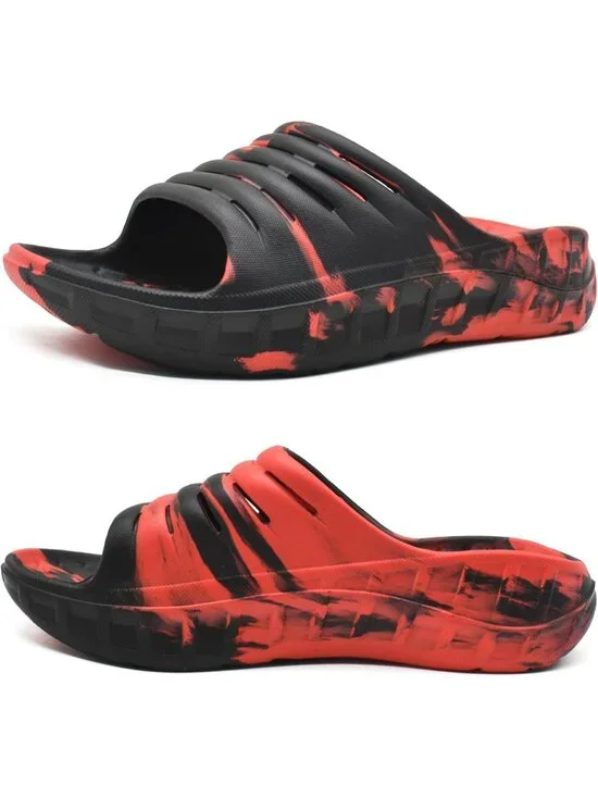 Men's Camo Red And Black Recovery Orthotic Arch Support Open Toe Slipper Shoes
