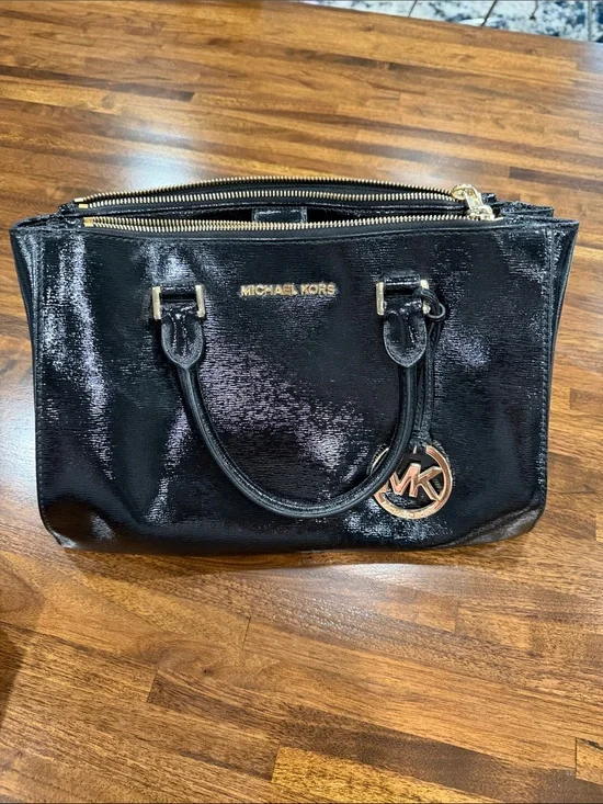 Michael Kors Black Patent Leather Satchel with Gold Hardware