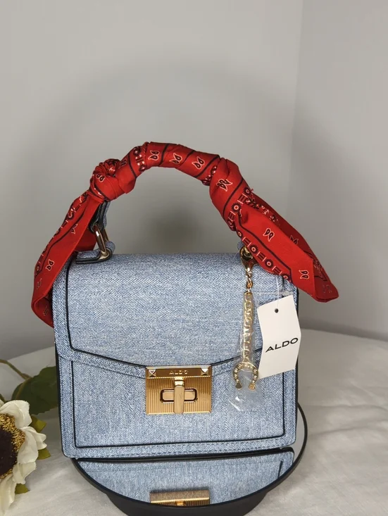 ALDO Light Blue Denim Print Leather Satchel with Red Scarf and Gold Hardware