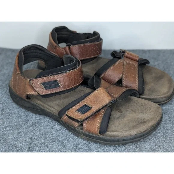 Clarks Mens Keating Brown Leather Double Strap Sandals 78333 Size 9M Hook & Loop