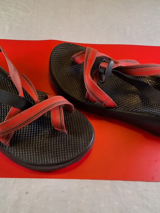Chaco Men's Black Footbed Sandals with Red Straps
