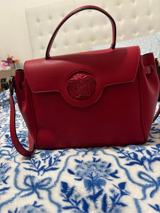 Versace Red Leather Satchel with Embossed Medusa