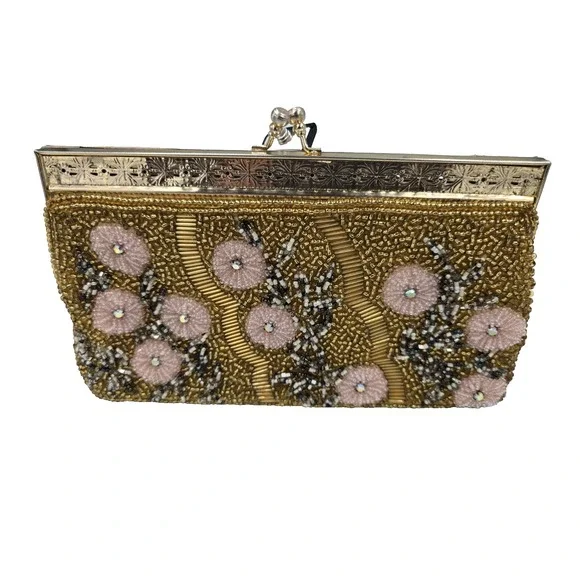 Vintage Gold Beaded Handbag Purse Satin Interior Chain Strap Grandmothers letter