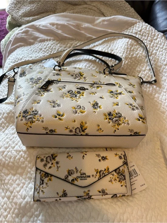 Coach NWT Floral Leather Satchel and Wallet Set in White/Yellow