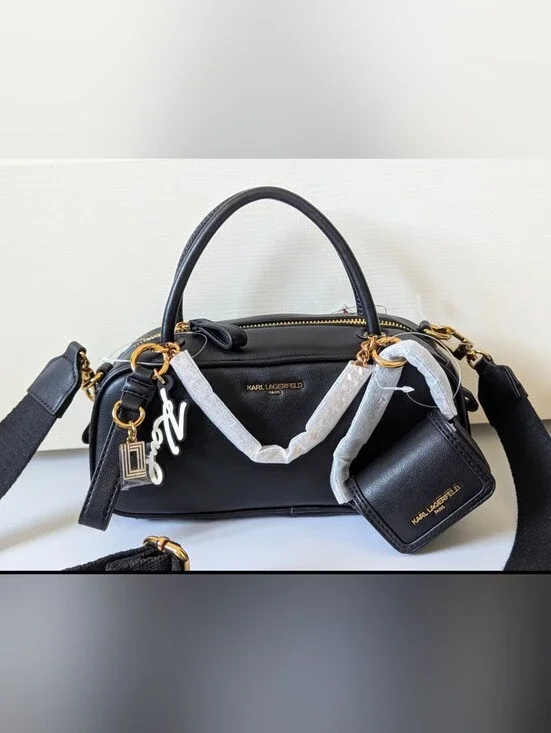 Karl Lagerfeld Black Leather Satchel with Gold Hardware