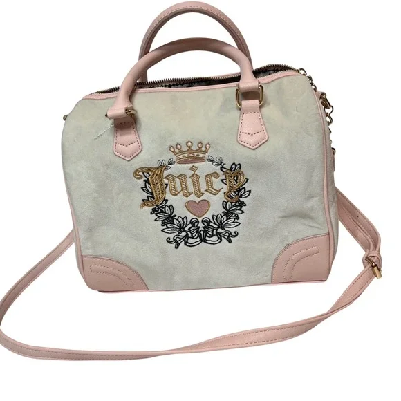 Juicy Couture Velour Satchel‎ Bag Pink Cream Embroidered Crest Crossbody Y2K
