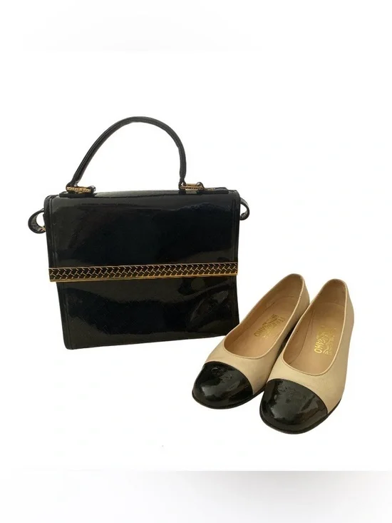 NWOT Ted Baker Black Patent leather Top-Handle Crossbody Bag with Gold Trim