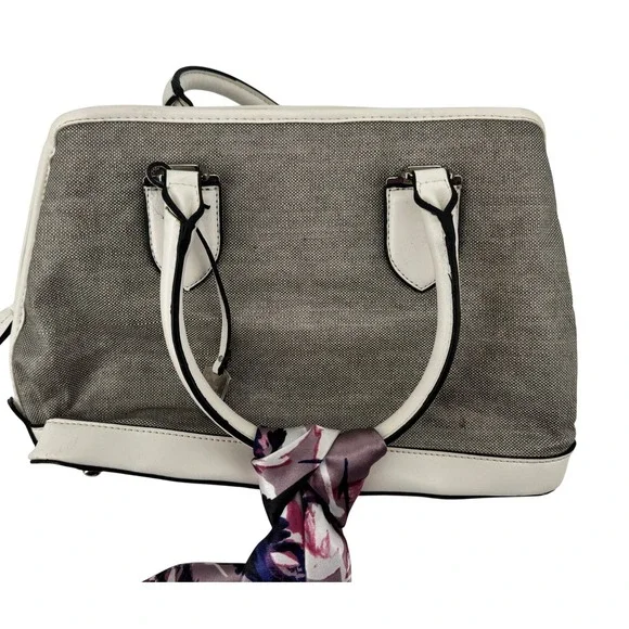 London Fog Satchel Handbag Womens Medium Grey White Faux Leather Scarf Detail‎