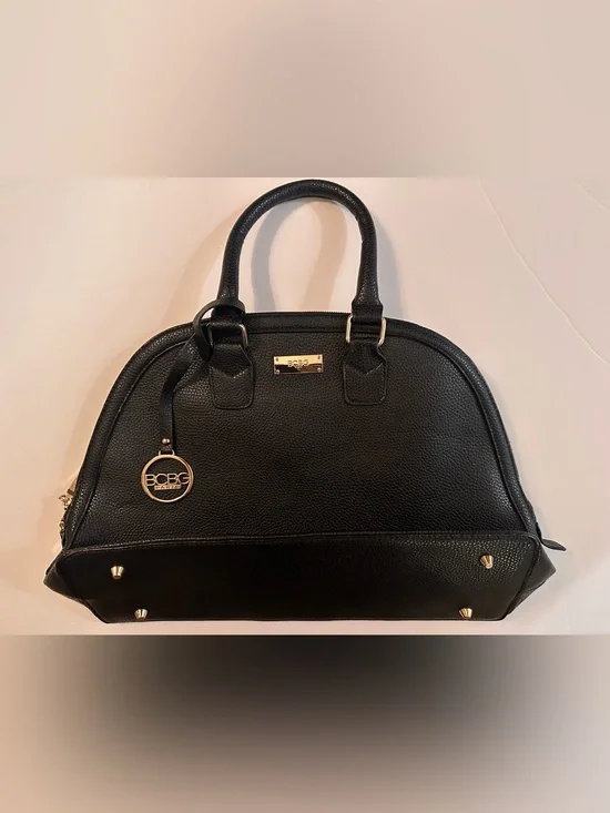 BCBG Paris Black Pebbled Leather Dome Satchel with Gold Accents