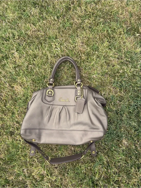Coach Metallic Taupe Pebble Leather Satchel with Gold Hardware