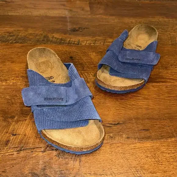 Birkenstock Kyoto Suede Embossed Corduroy Indigo Slide Sandals