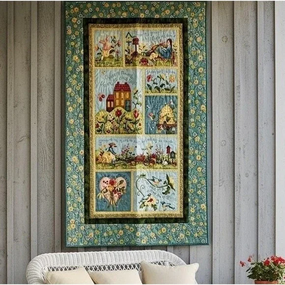 Cottagecore Garden Story Quilt Wall‎ Hanging Embroidered Floral 30x50
