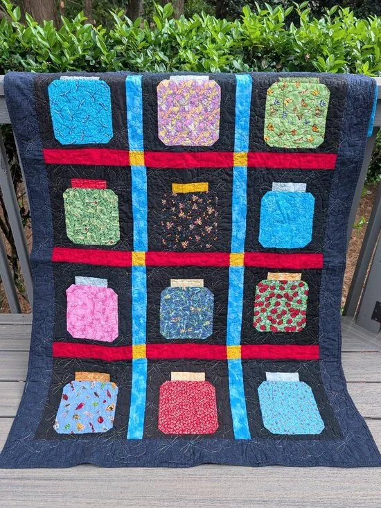Bug Collection in Jars Quilt Black & Vibrant Colors 56 x 44