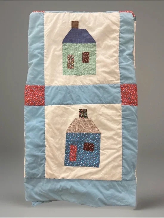 Vintage Handmade House Quilt Throw 60x48 Blue Patchwork Cottagecore Folk Art