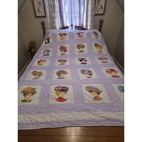 Vtg Quilt Victorian Ladies Applique Edwardian Whimsy Fashion Hats Millinery