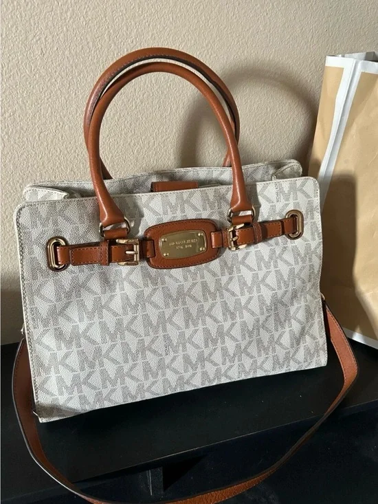 Michael Kors Beige Logo Satchel with Brown Leather Trim
